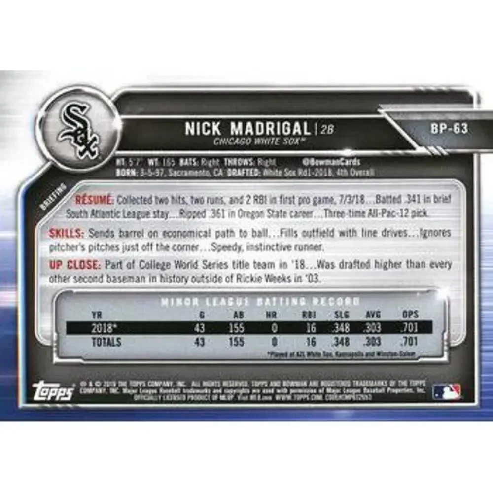 2019 Bowman Prospects Nick Madrigal #BP-63 Chicago White Sox